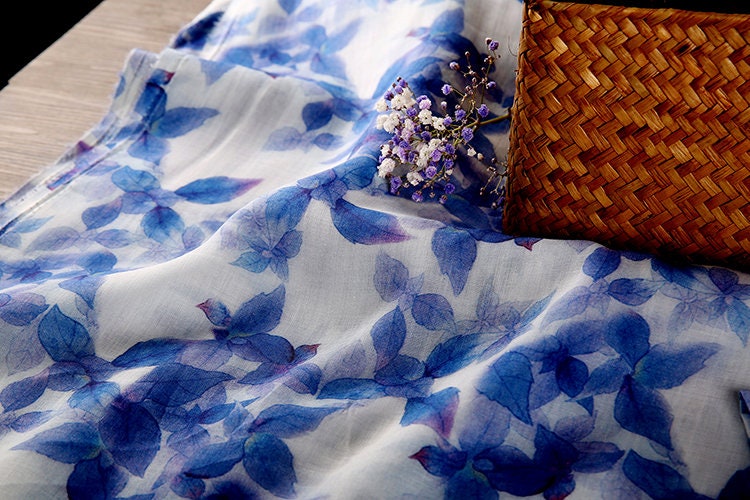 LANYOU Beautiful Indigo Leaves Printed Ramie fabric By the Yard