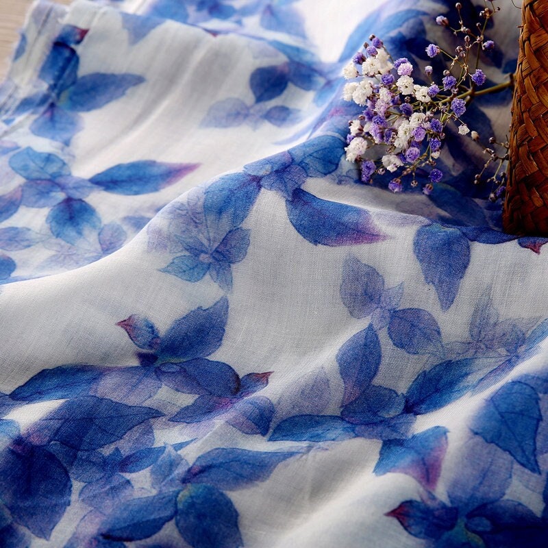 LANYOU Beautiful Indigo Leaves Printed Ramie fabric By the Yard