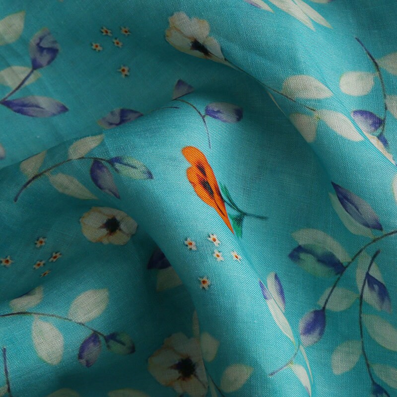 CHUXIA - Red Flowers Printed Blue 42 Thread Count Ramie Fabric - 140cm wide by the Yard