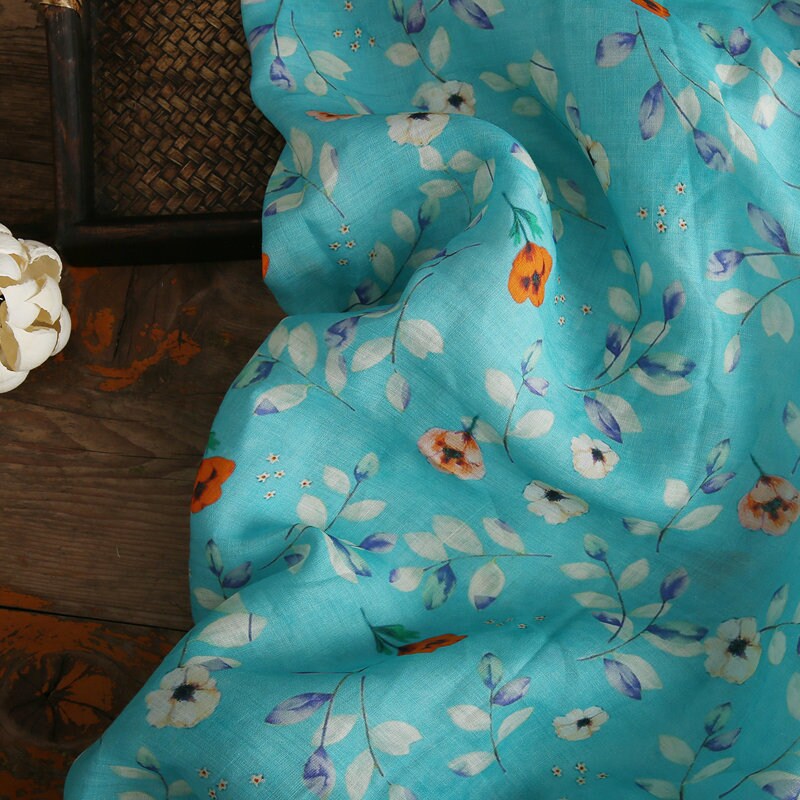 CHUXIA - Red Flowers Printed Blue 42 Thread Count Ramie Fabric - 140cm wide by the Yard