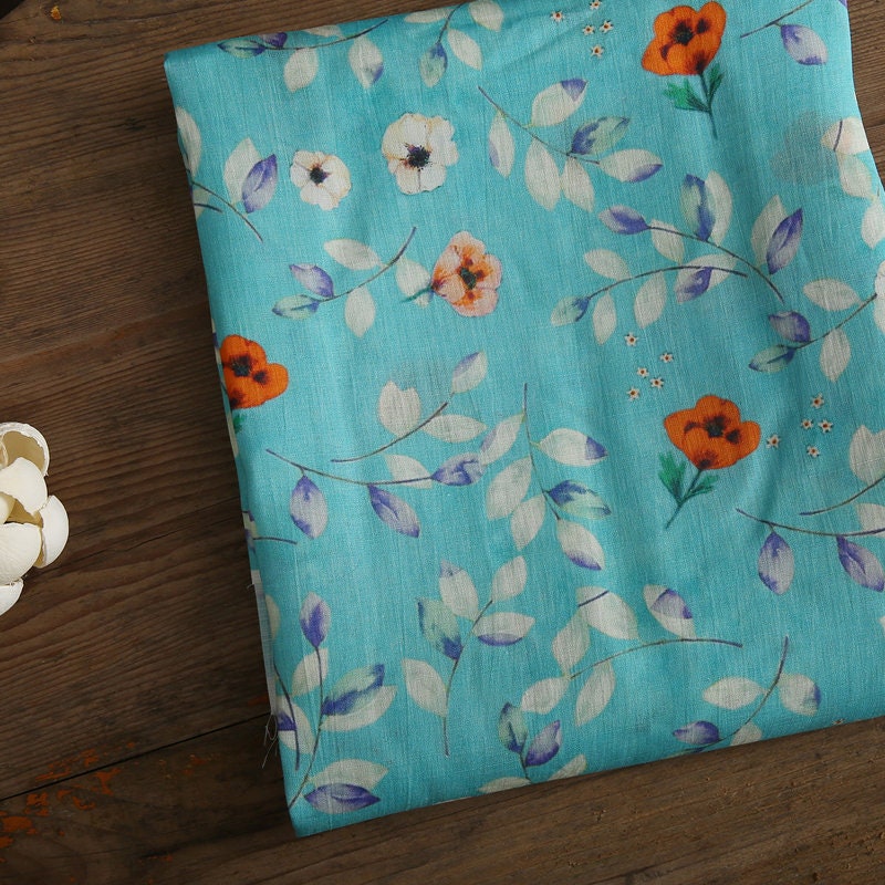 CHUXIA - Red Flowers Printed Blue 42 Thread Count Ramie Fabric - 140cm wide by the Yard