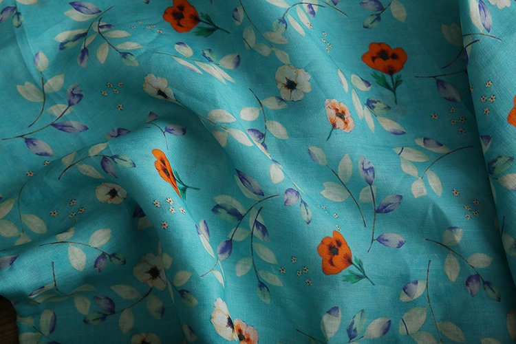 CHUXIA - Red Flowers Printed Blue 42 Thread Count Ramie Fabric - 140cm wide by the Yard