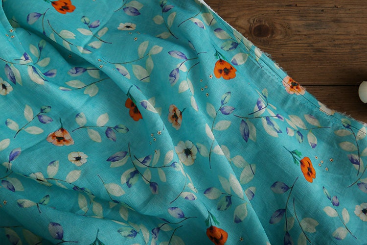 CHUXIA - Red Flowers Printed Blue 42 Thread Count Ramie Fabric - 140cm wide by the Yard