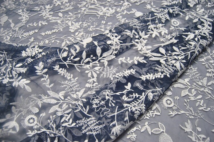 XIAOSUI - White Embroidered Silk Organza Fabric - 130cm wide by the Yard