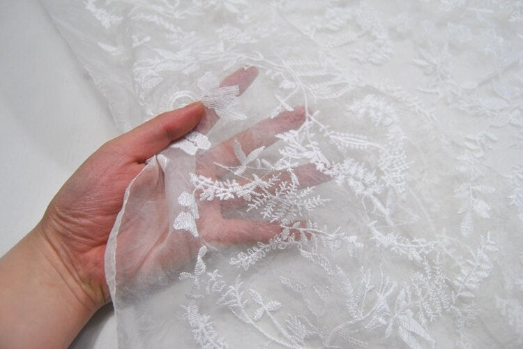 HAIKUO - Navy Blue Embroidered Silk Organza Fabric - 130cm wide by the Yard