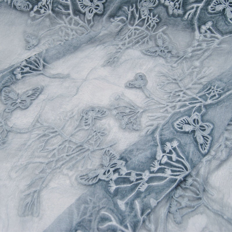 Plants Dyed Crinkled Silk Georgette Fabric/Butterfly Embroidery silk fabric by the Yard