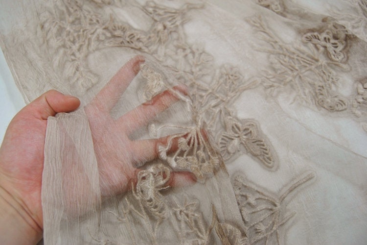 Plants Dyed Crinkled Silk Georgette Fabric/Butterfly Embroidery silk fabric by the Yard