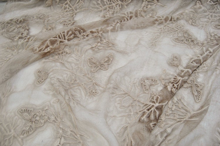 Plants Dyed Crinkled Silk Georgette Fabric/Butterfly Embroidery silk fabric by the Yard