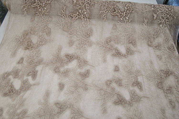 Plants Dyed Crinkled Silk Georgette Fabric/Butterfly Embroidery silk fabric by the Yard