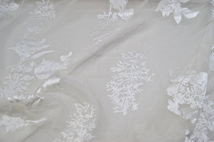 FURONG - White Flowers Sheer Burnout Silk Devore Satin Fabric - 114cm wide by the Yard