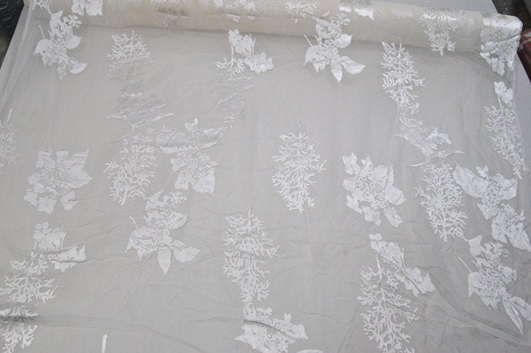 FURONG - White Flowers Sheer Burnout Silk Devore Satin Fabric - 114cm wide by the Yard