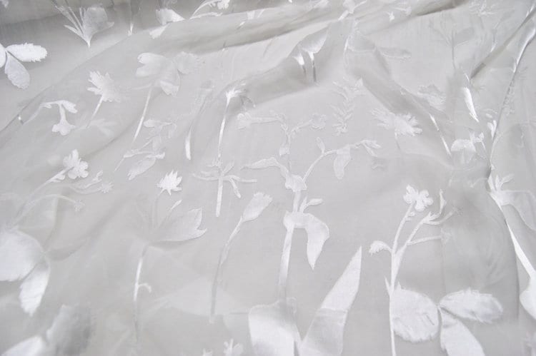 BAIZHIYE - White Flowers Sheer Burnout Silk Devore Satin Fabric - 138cm wide by the Yard
