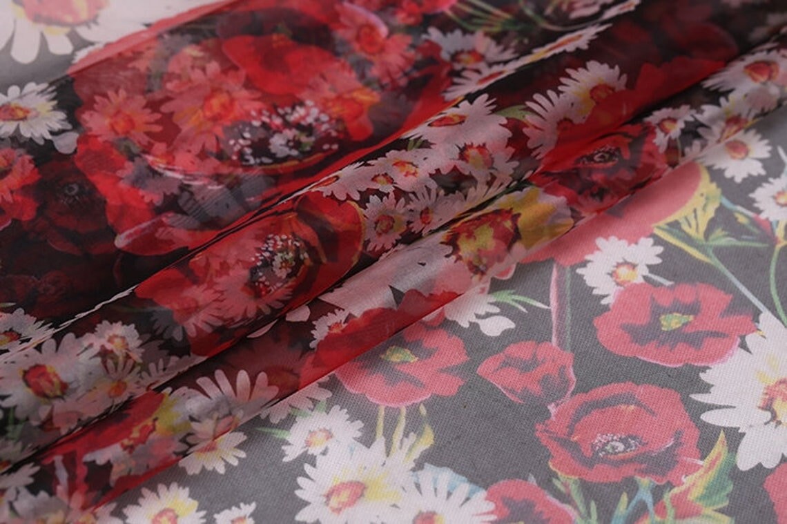 XIANGYANG - 6 momme Floral Print Silk Organza Fabric - 138cm wide by the Yard