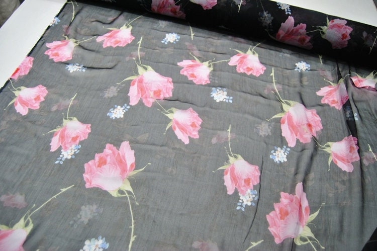 FENHUA - 6 Momme Pink Floral Print on Black Crinkled Silk Georgette Fabric 140cm by the Yard