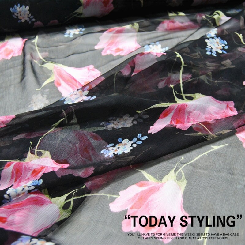 FENHUA - 6 Momme Pink Floral Print on Black Crinkled Silk Georgette Fabric 140cm by the Yard
