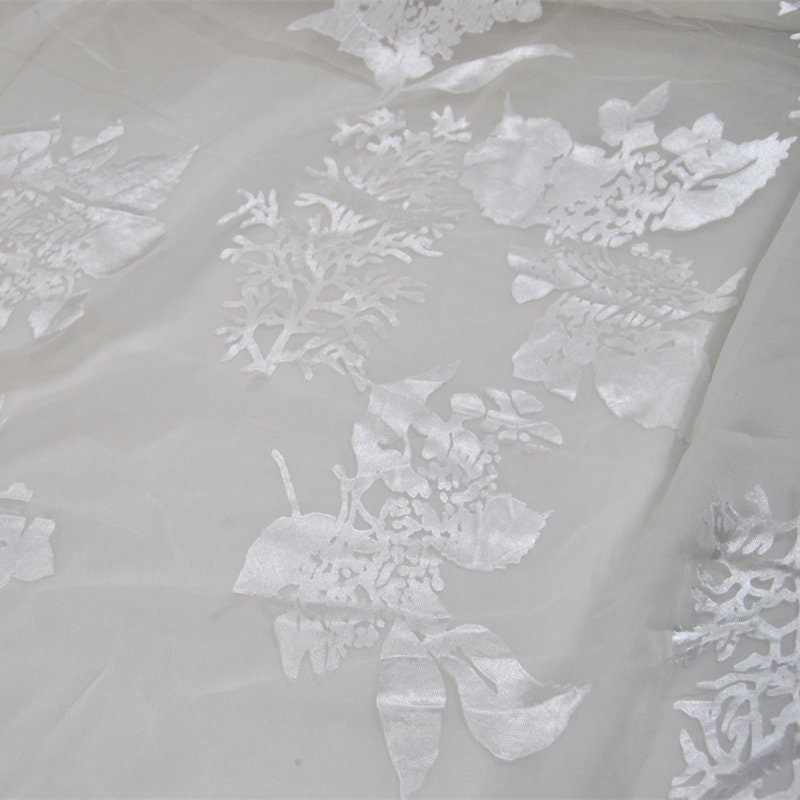 FURONG - White Flowers Sheer Burnout Silk Devore Satin Fabric - 114cm wide by the Yard
