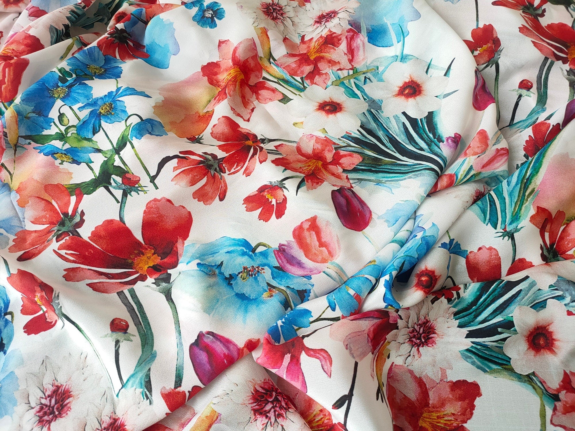 QINGXIN - 12 momme Floral Print Silk Crepe de Chine Fabric - 138cm wide by the Yard