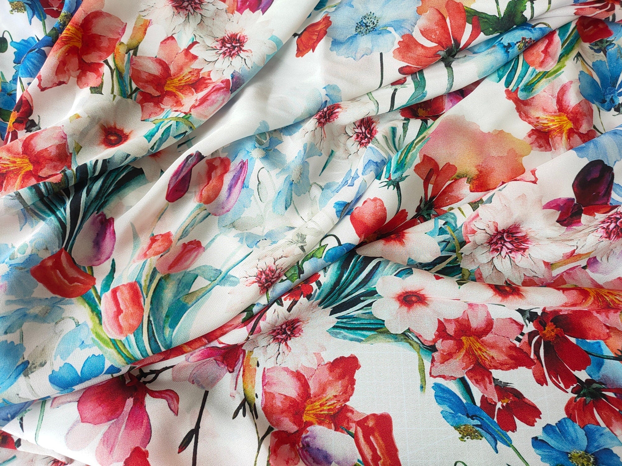 QINGXIN - 12 momme Floral Print Silk Crepe de Chine Fabric - 138cm wide by the Yard