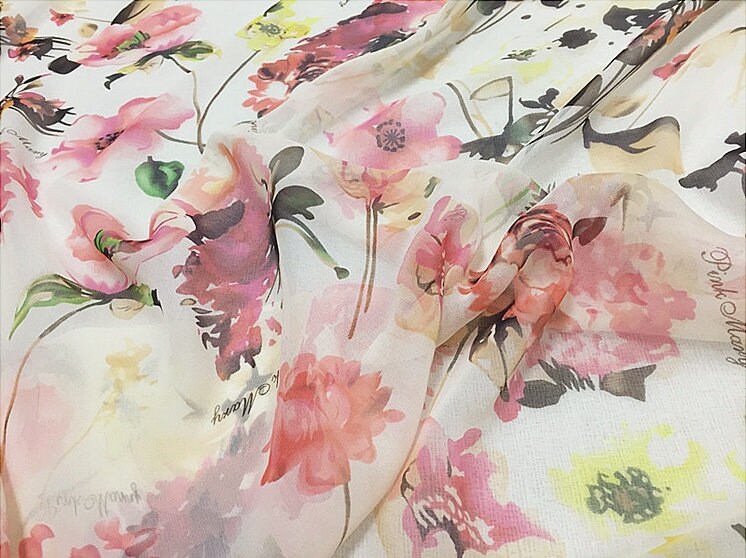 WENROU - 8 Momme Soft Pink Floral Print on White Silk Georgette Fabric - 110cm wide by the Yard