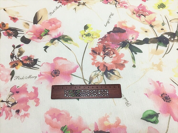 WENROU - 8 Momme Soft Pink Floral Print on White Silk Georgette Fabric - 110cm wide by the Yard