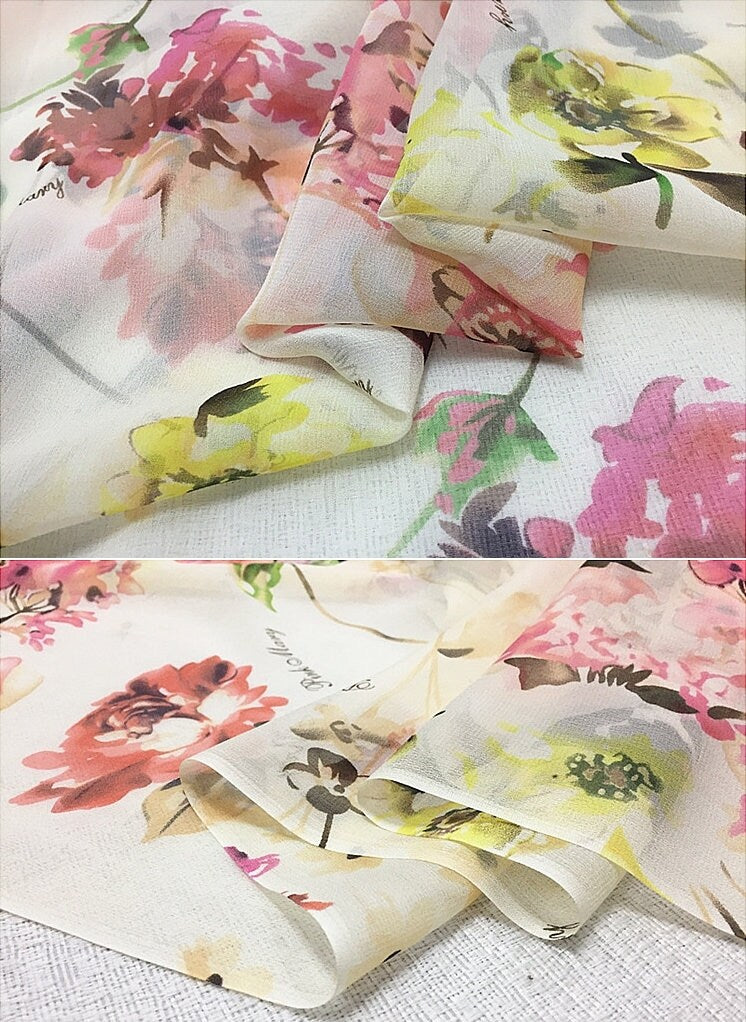 WENROU - 8 Momme Soft Pink Floral Print on White Silk Georgette Fabric - 110cm wide by the Yard
