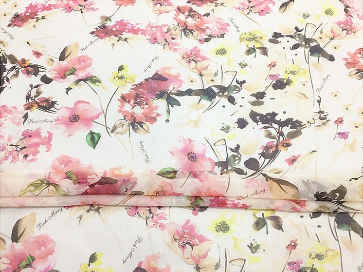 WENROU - 8 Momme Soft Pink Floral Print on White Silk Georgette Fabric - 110cm wide by the Yard