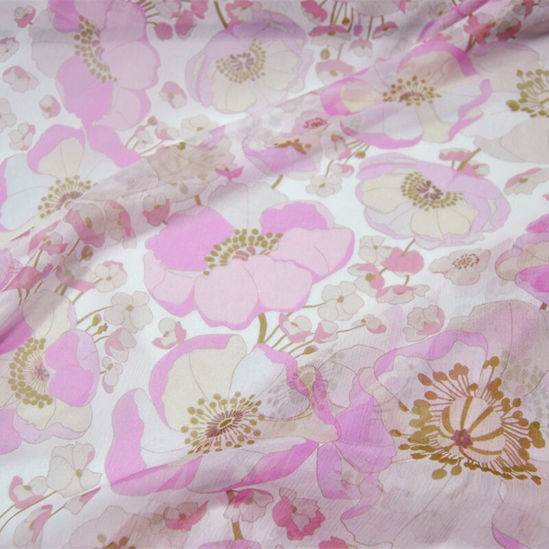 YINSU - 6 Momme Purple pink Floral Print Crinkled Silk Georgette Fabric 140cm by the Yard