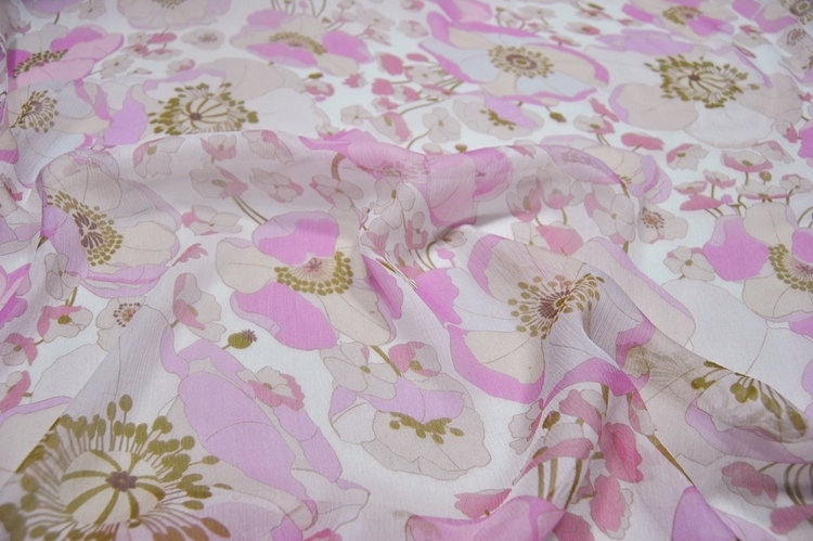 YINSU - 6 Momme Purple pink Floral Print Crinkled Silk Georgette Fabric 140cm by the Yard