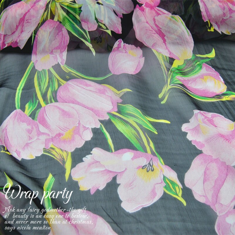 YUJINXIANG - 5 Momme Pink Tulip Print Crinkled Silk Georgette Fabric - 135cm wide by the Yard