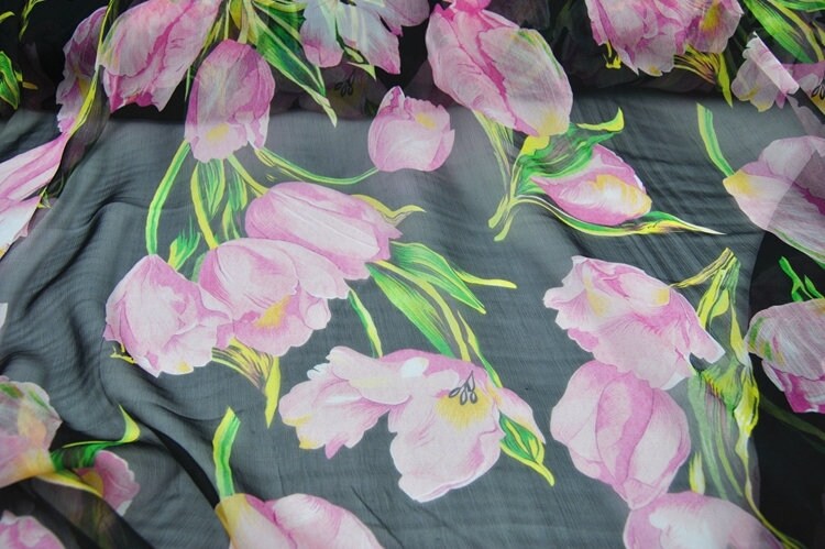YUJINXIANG - 5 Momme Pink Tulip Print Crinkled Silk Georgette Fabric - 135cm wide by the Yard