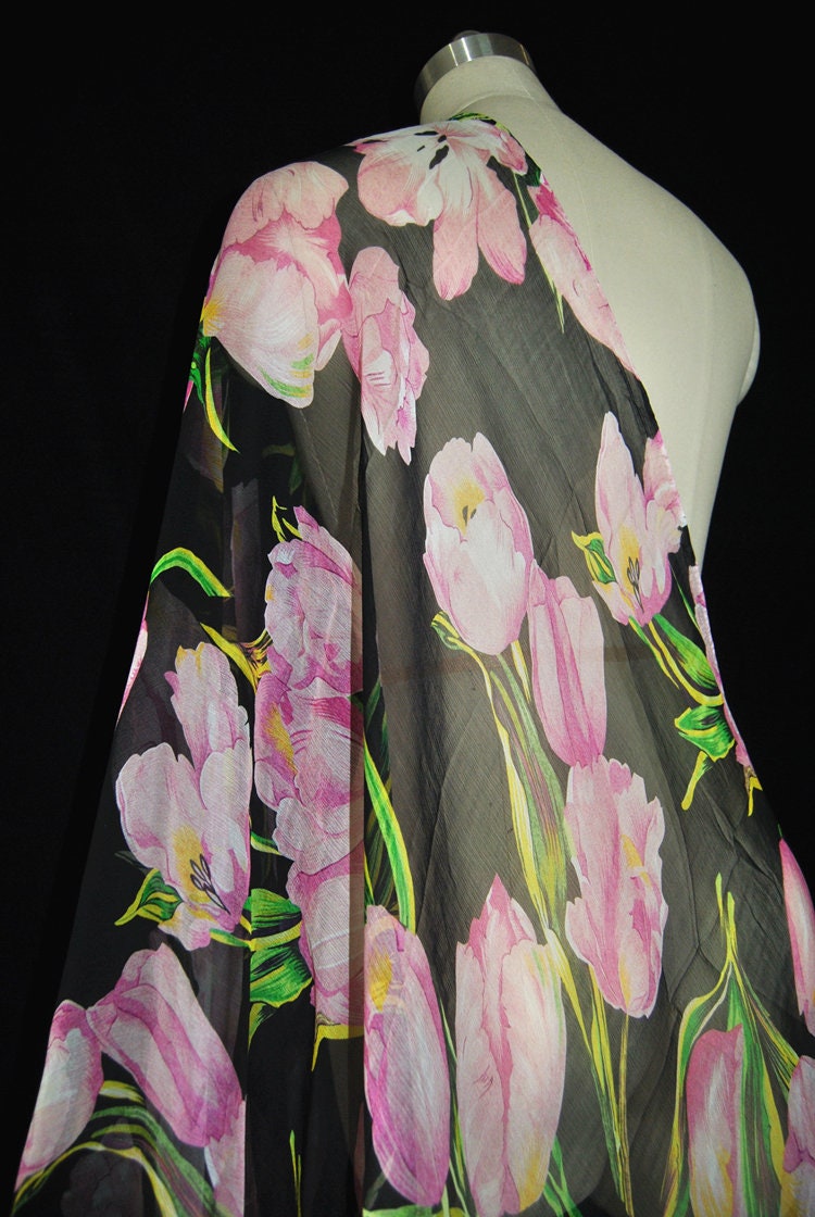 YUJINXIANG - 5 Momme Pink Tulip Print Crinkled Silk Georgette Fabric - 135cm wide by the Yard