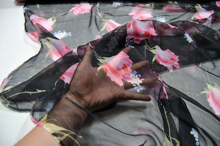 FENHUA - 6 Momme Pink Floral Print on Black Crinkled Silk Georgette Fabric 140cm by the Yard