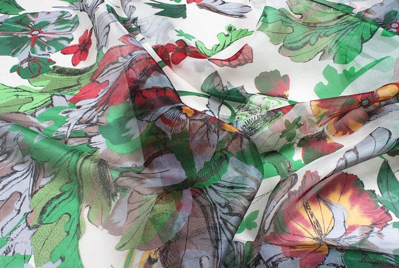 PINGOU - 6 momme Floral Print Silk Organza Fabric - 140cm wide by the Yard