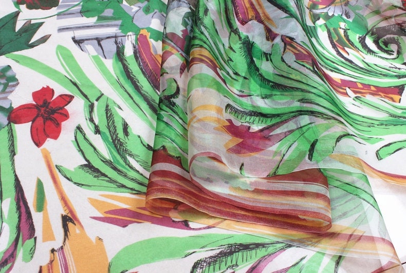 PINGOU - 6 momme Floral Print Silk Organza Fabric - 140cm wide by the Yard