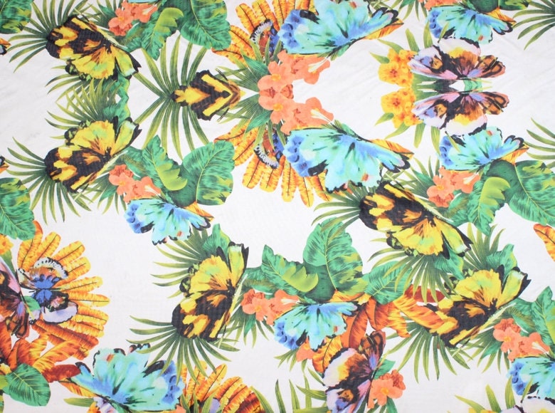 TIAOWEN - 12 momme Butterfly Floral Print Stripe Silk Organza Fabric - 140cm wide by the Yard