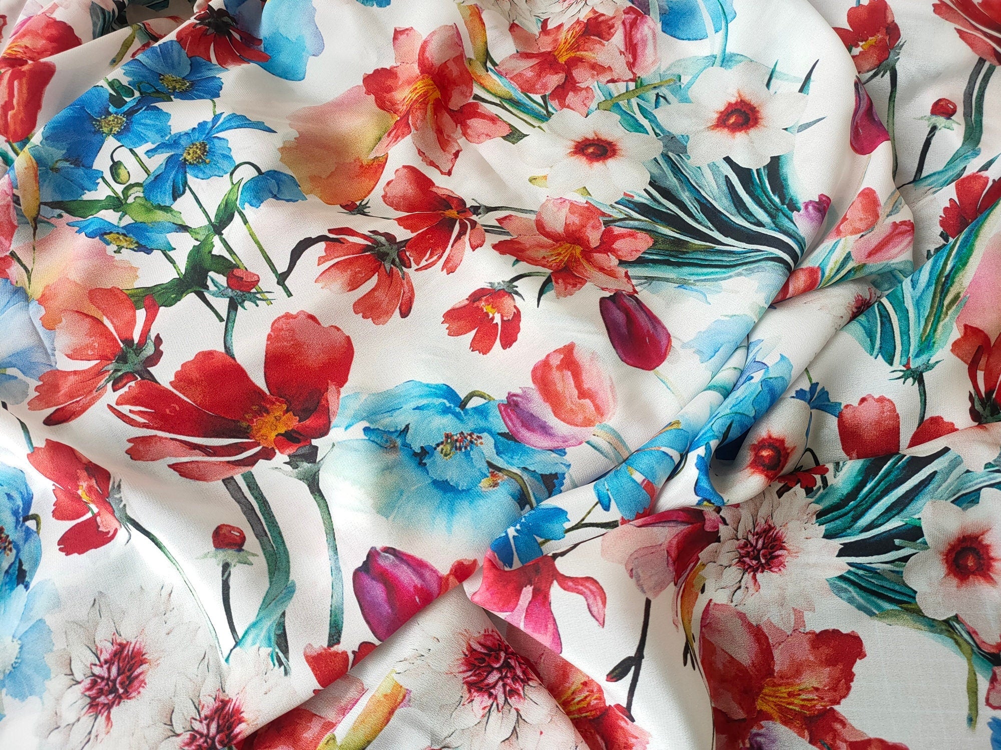 QINGXIN - 12 momme Floral Print Silk Crepe de Chine Fabric - 138cm wide by the Yard