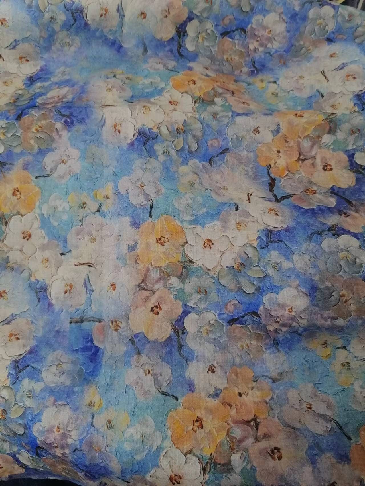 WUBANHUA - Oil Painting Style Blue Ramie Fabric - 140cm by the Yard