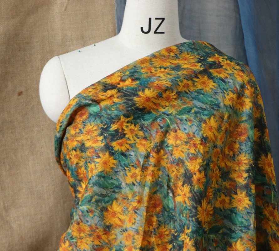 HUAYUANZHIJU - Wild Chrysanthemum Print Ramie Fabric-By the Yard