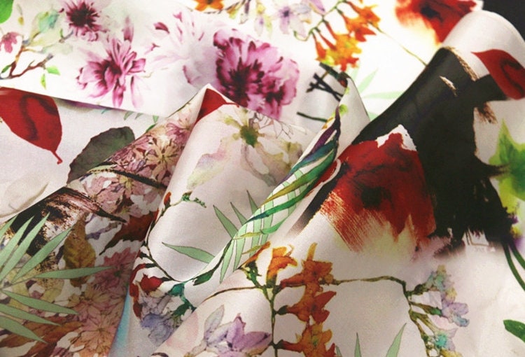 Silk Organza Satin with Floral Print Silk Fabric By the Yard