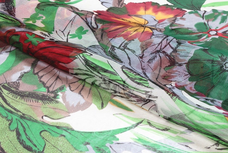 PINGOU - 6 momme Floral Print Silk Organza Fabric - 140cm wide by the Yard