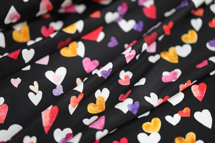 CAIXING - 12 momme Colorful Heart Print Silk Crepe de Chine Fabric - 135cm wide by the Yard