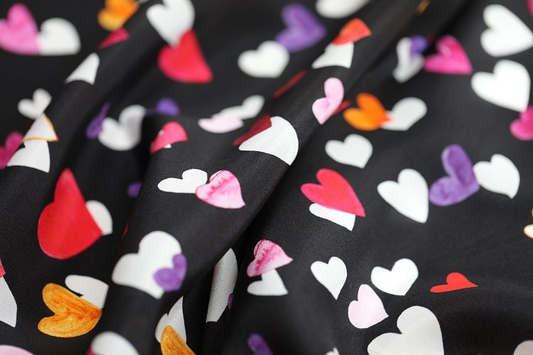 CAIXING - 12 momme Colorful Heart Print Silk Crepe de Chine Fabric - 135cm wide by the Yard