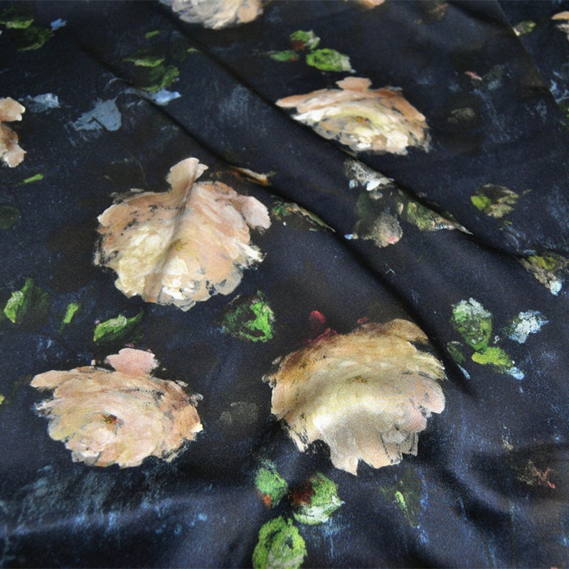 QIANGWEI - 20 momme Rose Print Charmeuse Silk Satin Fabric - 138cm wide by the Yard