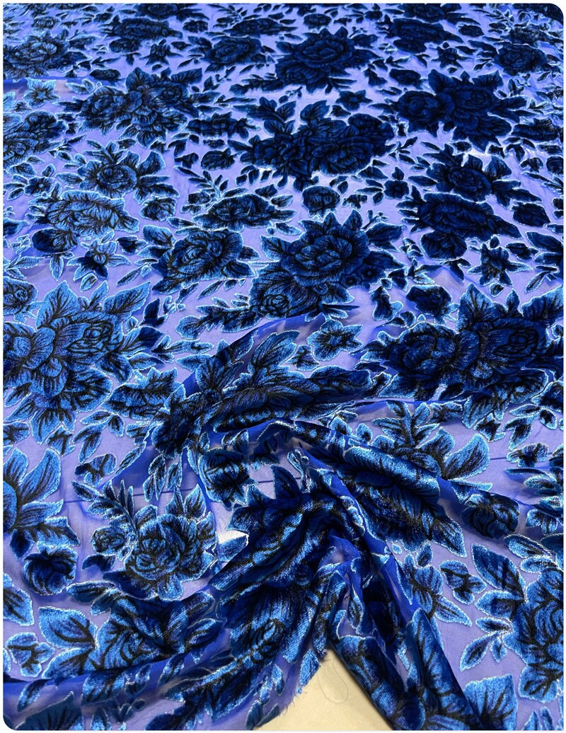 XIAOMD - Green Flowers Sheer Burnout Silk Velvet Fabric - 114cm wide by the Yard