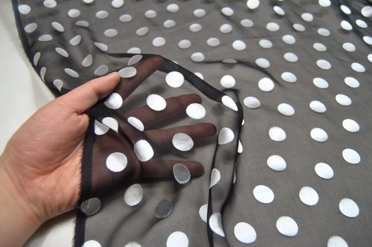 BAIHEIDI - White Polka Dots Black Sheer Burnout Silk Devore Satin Fabric - 138cm wide by the Yard