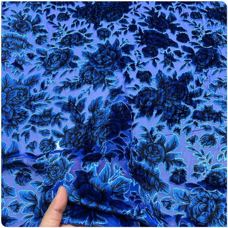 XIAOMD - Green Flowers Sheer Burnout Silk Velvet Fabric - 114cm wide by the Yard