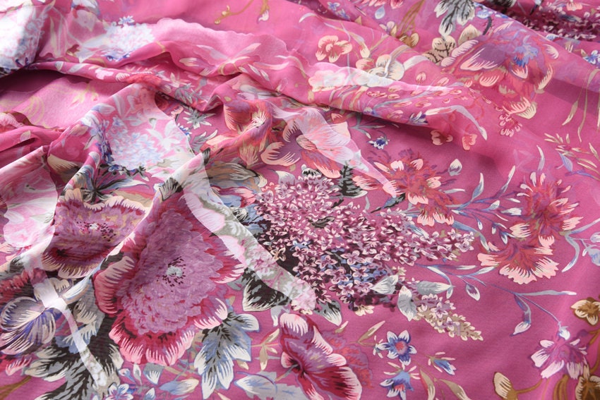 ROUFEN - Pink Floral Print Sheer Burnout Silk Devore Satin Fabric - 114cm wide by the Yard