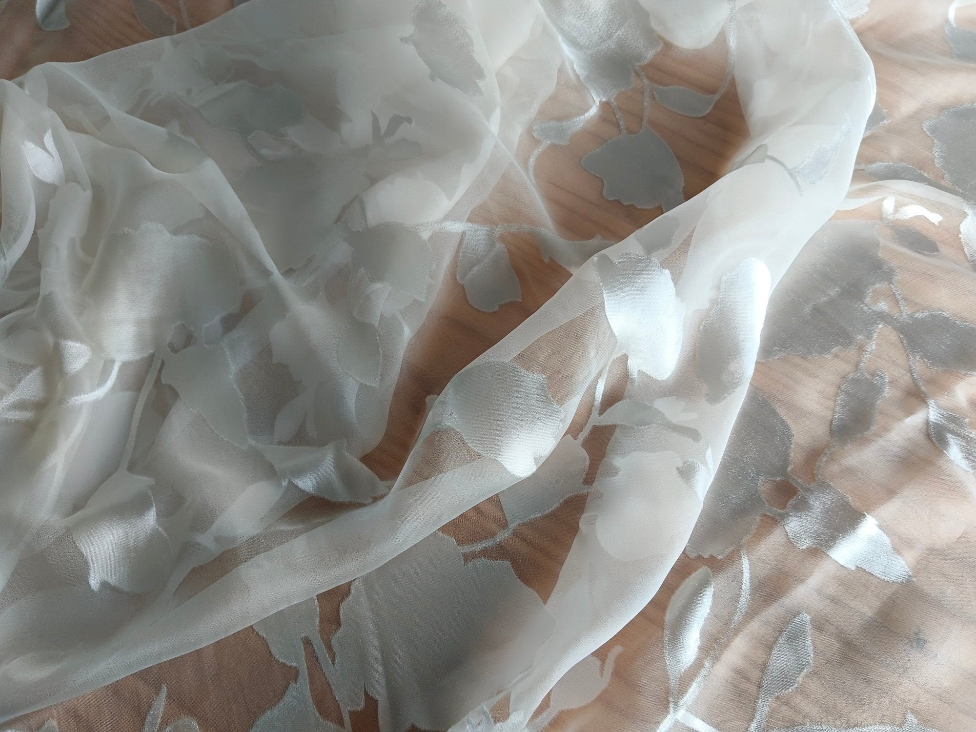 12 Momme White Flowers Sheer Burnout Silk Devore Satin Fabric - 114cm wide by the Yard