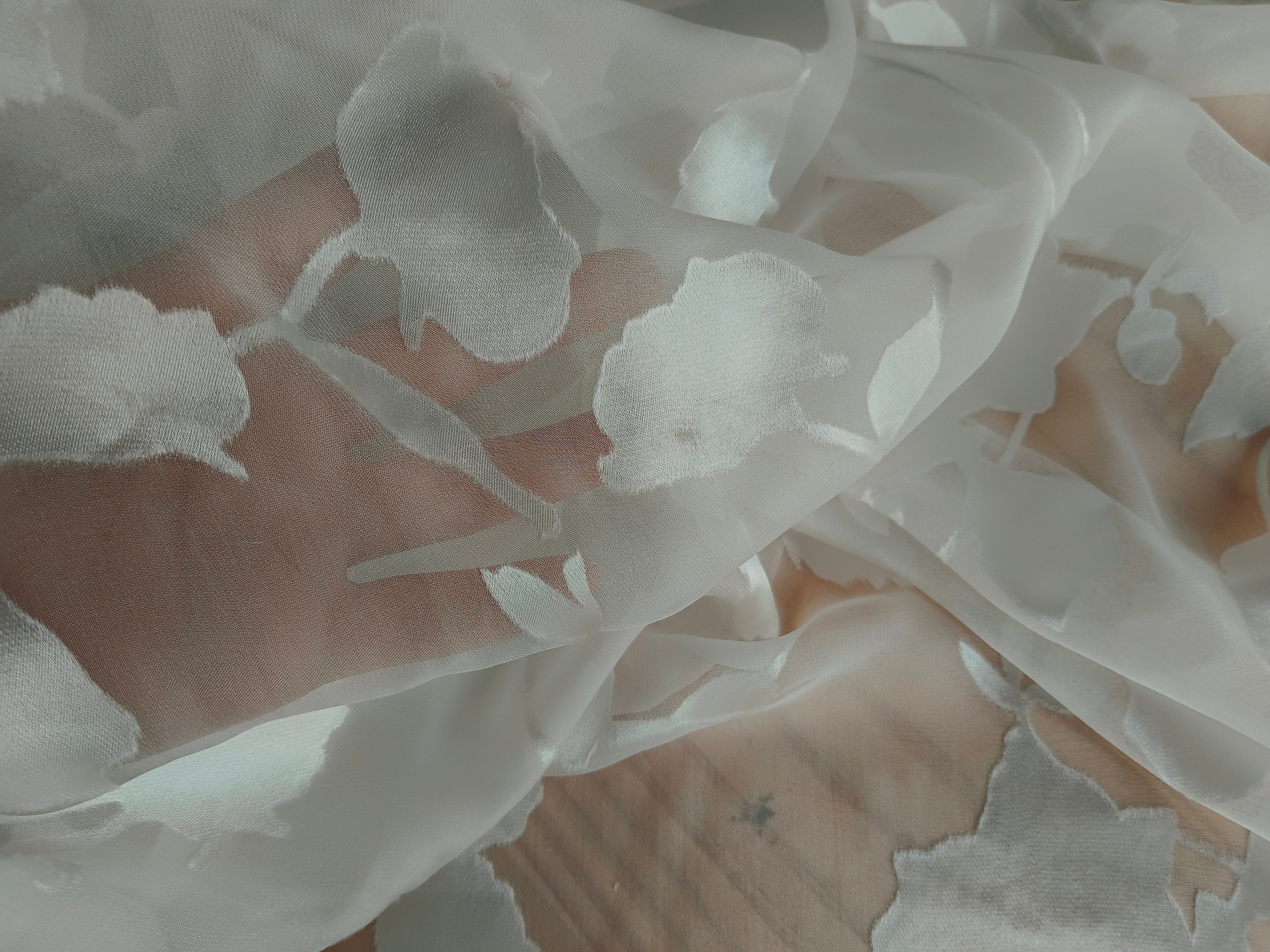 12 Momme White Flowers Sheer Burnout Silk Devore Satin Fabric - 114cm wide by the Yard