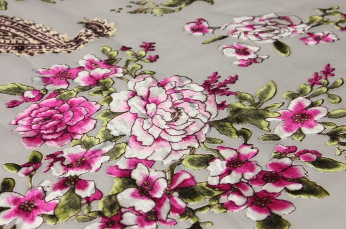 SULIWEN - Paisley and Pink Floral Sheer Burnout Silk Velvet Fabric - 114cm wide by the Yard